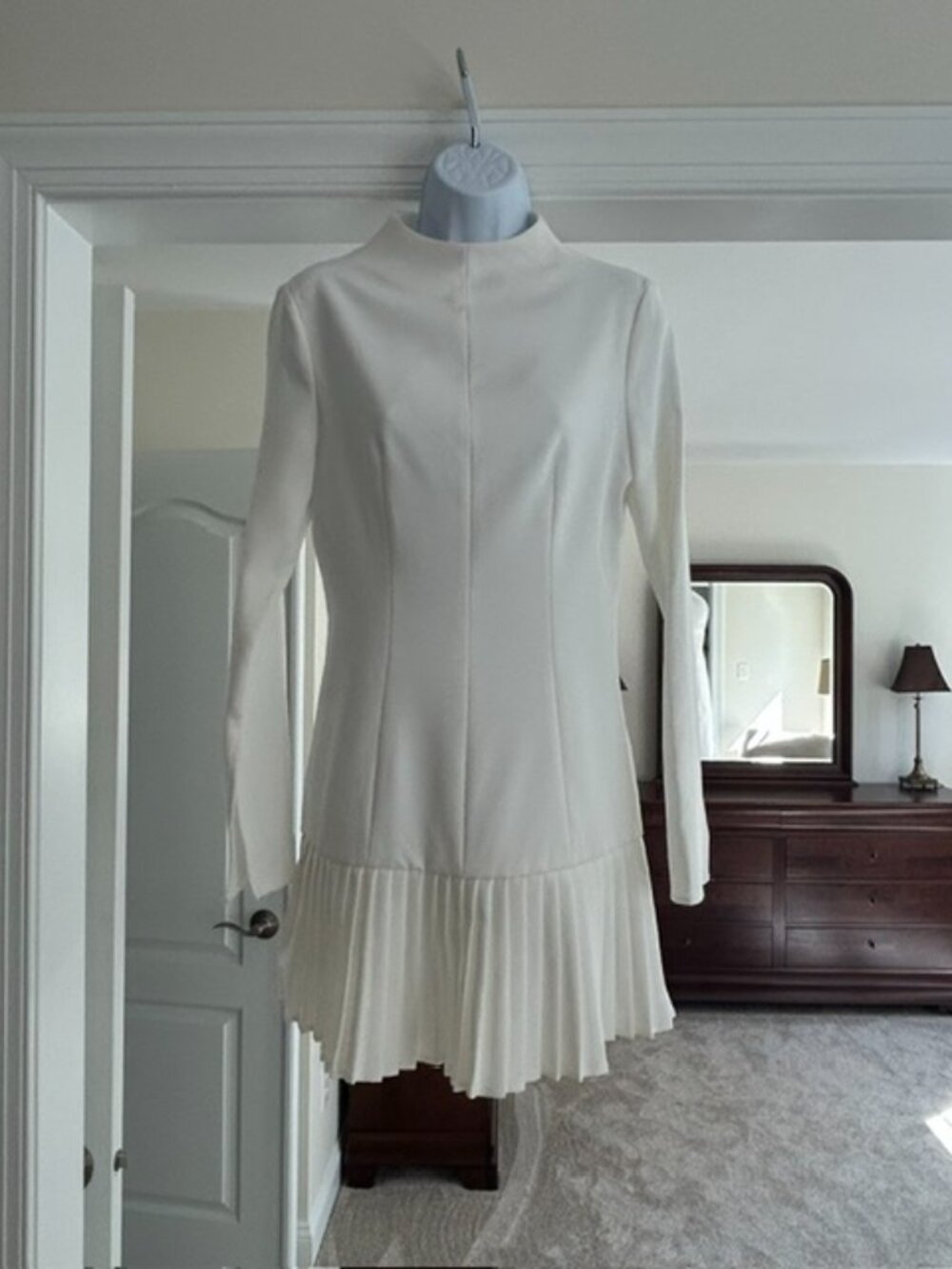 COMMENSE White Pleated Drop Waist Mini Dress Long Sleeve S NWT